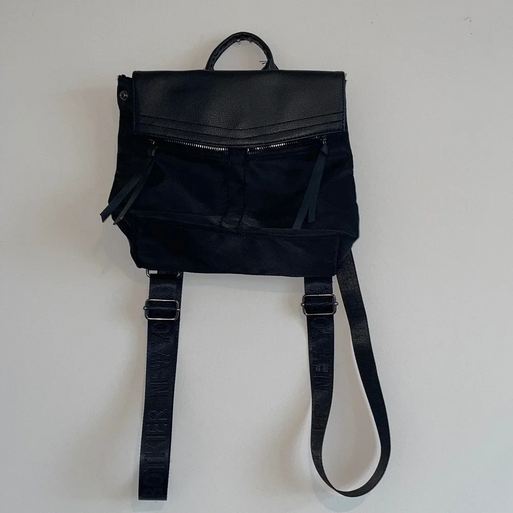 Botkier New York Black Nylon Leather Trim Backpack Front Zip Pockets